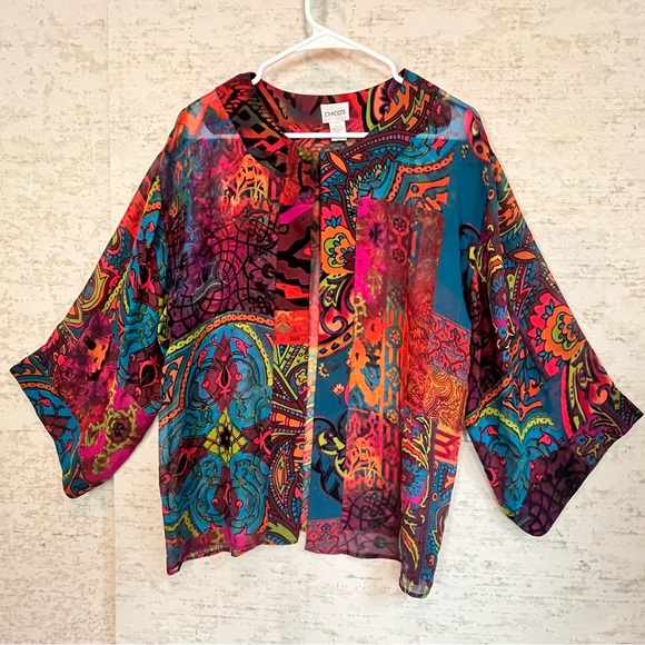 Chico's 100% Silk Sheer Vibrant Kimono Jewel Tones Colors Sz Medium - Picture 1 of 13